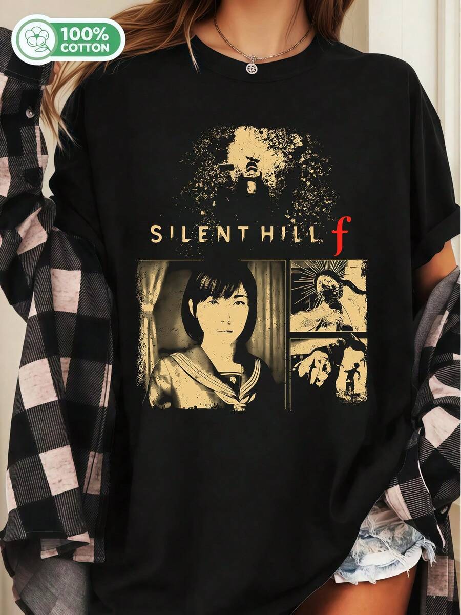 Silent Hill F Horror Game 100% Cotton Unisex Short Sleeve Graphic Tee Halloween Cosplay Top - Black - View 1