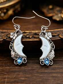 1对复古新月形耳环，创意蓝宝石月亮脸雕刻女士时尚吊坠耳环 - 復古銀色 - 查看 11