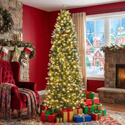 Árbol de Navidad artificial delgado preiluminado – 578 puntas nevadas, 250 luces LED y 60 piñas, soporte metálico resistente – Decoración navideña elegante para interiores y exteriores