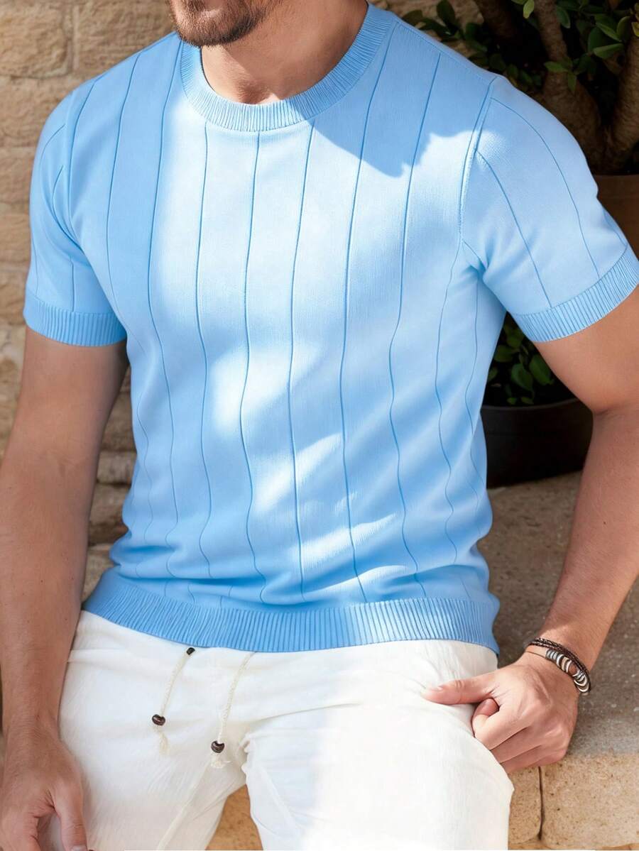 ALTZTAR Men's Thin Solid Color Short Sleeve Knit Vertical Striped Crew Neck Top