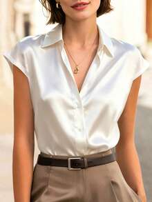 女款純色聚酯纖維前扣襯衫，辦公室夏季輕量款 - 白色 - 查看 7