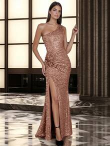 Vestido de fiesta de mujer con hombro asimétrico, lazo y adornos de lentejuelas glamorosos - Oro rosa - Ver 3