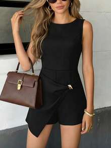 Bộ jumpsuit nữ màu đen cổ tròn không tay, dáng ôm, cài kim loại, thiết kế bất đối xứng, thanh lịch, sang trọng, thích hợp cho công sở, đi chơi, mùa xuân và hè. - màu đen - Xem 3