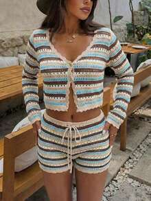 Women's Y2K 2pcs Colorblock Striped Hollow Out Cover Up Top & Shorts Set, Casual Bohemian Beach Vacation Outfit For Spring Summer - Light Blue - View 10