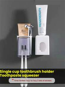 1pc No Drill Wall-Mounted Toothbrush Holder Set, Includes Rinse Cup & Toothpaste Dispenser, Bathroom Storage Rack (Product Batch Varies, Sticker Pattern & Cup Color Randomly Shipped, Does Not Affect Usage) - Multicolor - View 6