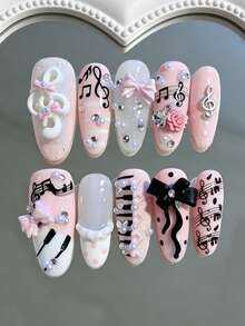 10pcs Cute Musical Note Edge Romantic Heart Ballet Style Black Ribbon Bow Metal Musical Note Pink Series Handmade Fake Nails Pointed,Y2K Japanese Acrylic Press-On Long Oval Nail Art Set - Pink - View 1