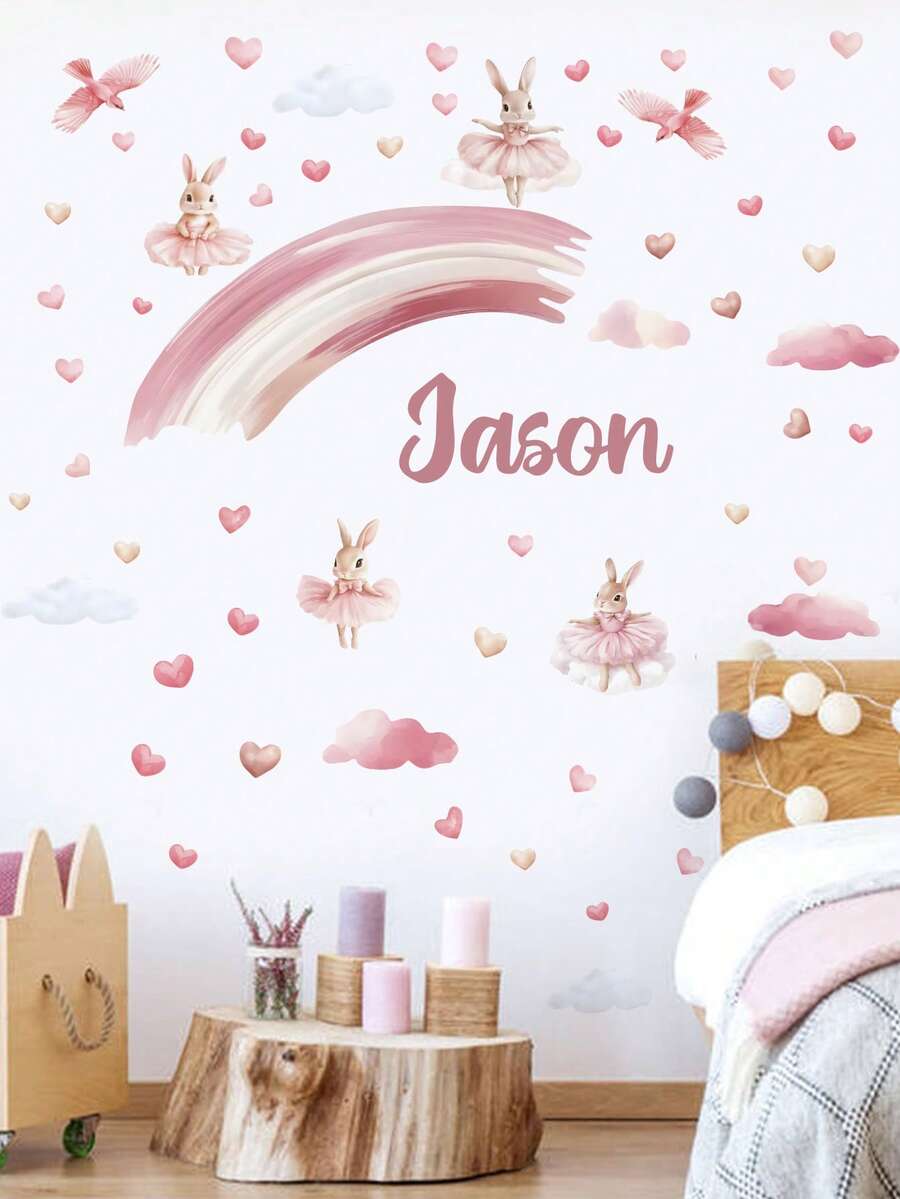 3 Styles Available, Customizable Rabbit Hot Air Balloon & Birthday Name Wall Stickers, Removable Wallpaper, Decor For Children's Bedroom, Living Room, Home Decor, Kitchen, Bathroom, Bedroom, House Renovation, Peelable Wallpaper, Living Room Wall Art, Party Supplies, Office Decor - Multicolor - View 1