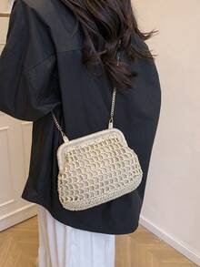 Bolso de embrague de paja calado, bolso cruzado de cadena metálica, bolso de nube tejido de estilo vacacional - Blanco - Ver 4