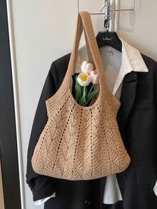 Túi đeo vai dệt kim khoét rỗng kiểu Hàn Quốc nhẹ nhàng, màu phấn nhạt, kiểu dáng lười biếng, túi tote dung tích lớn, túi đi làm, túi đan len đi biển kỳ nghỉ, thiết kế nhỏ gọn, túi đeo nách đa năng. - Nhiều màu - Xem 14