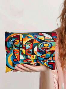 充满活力的抽象几何超现实主义眼部印花化妆包，现代艺术便携式文具袋 - 彩色 - 查看 5