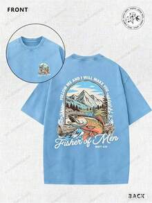 Matthew's Gospel, Fishing, Fisherman, Religion, 230g Double-Sided Printed Batik Vintage Washed T-Shirt, 100% Cotton, Comfortable For Summer Wear, Simple And Casual, Men's Cool Short-Sleeve T-Shirt - 淺藍色 - 查看 1