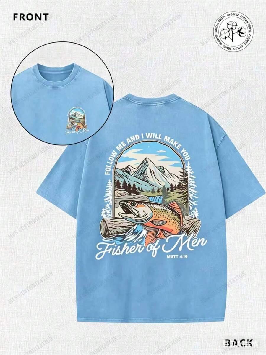 Matthew's Gospel, Fishing, Fisherman, Religion, 230g Double-Sided Printed Batik Vintage Washed T-Shirt, 100% Cotton, Comfortable For Summer Wear, Simple And Casual, Men's Cool Short-Sleeve T-Shirt - 淺藍色 - 查看 1