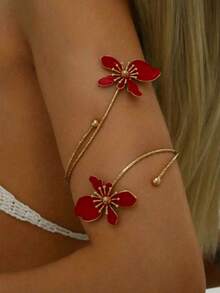 1 pieza Brazalete de flor esmaltada de aleación de doble cabeza, accesorio de moda elegante minimalista, adecuado para regalo del Día de la Madre, fiesta, banquete y uso diario - Corona floral roja de moda para el brazo - Ver 1