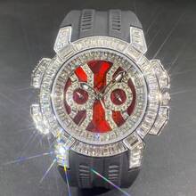 New Men's Special Red Dial Quartz Watch, Luxury Hip Hop Streetwear, Multi-Function Rubber Strap Watch With Synthetic Diamonds, Unisex Wristwatch - Black - View 9