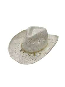 1 pieza Sombrero de paja de ala ancha vintage hueco y rizado, adecuado para primavera/verano, viajes al aire libre, vacaciones, playa, sombrero de vaquero de paja occidental tejido a mano y transpirable para hombres y mujeres, vacaciones, festivales - MZ3082+ML39 - Ver 21