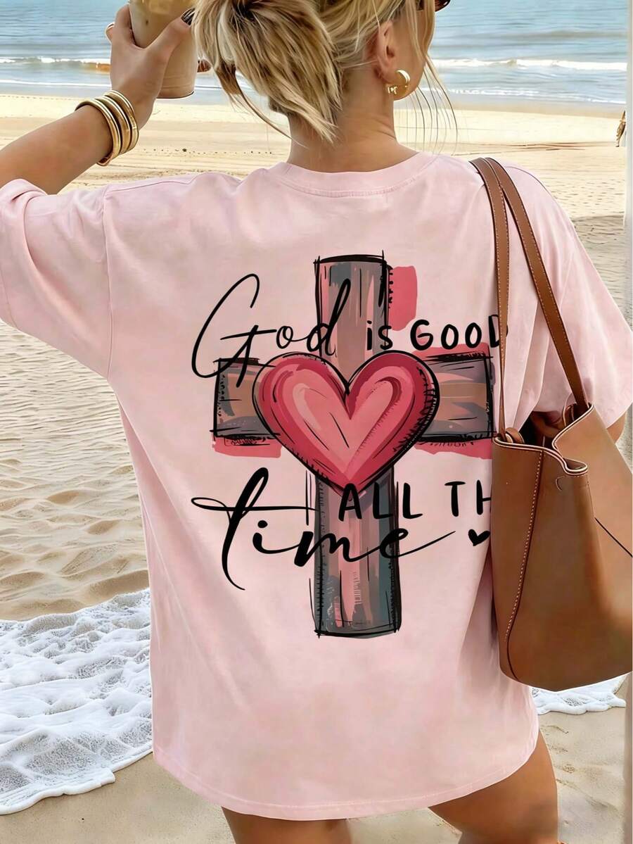 Women's Pink Pattern Short Sleeve T-Shirt With Cross And Heart Print, Loose Fit, Fashionable Versatile Crew Neck Top For Summer Casual - Pink - View 1