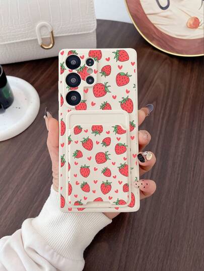 1pc White TPU Strawberry Pattern Shockproof Phone Case & 1pc White Strawberry Pattern Adhesive Card Holder, 2-In-1 Fashion Versatile Creative Full Coverage Phone Case, Suitable As Gift For Girlfriend/Boyfriend, Best Friend/Sibling, Wife/Husband, Partner, Family/Friend, Soft Protective Anti-Dust Anti-Water Full Body Cover For IPhone/Android
