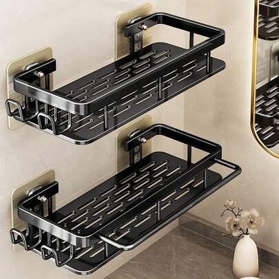 Black Rustproof Polished Metal Bathroom Shelf (2 Packs) - Wall Mounted No Drilling Shower Caddy For Shampoo And Conditioner Storage, Space Saving Organizer With Hooks - 8mm Tube Diameter, Home Bathroom Decor, Bathroom Organization, Fall Decor, Back To School Season