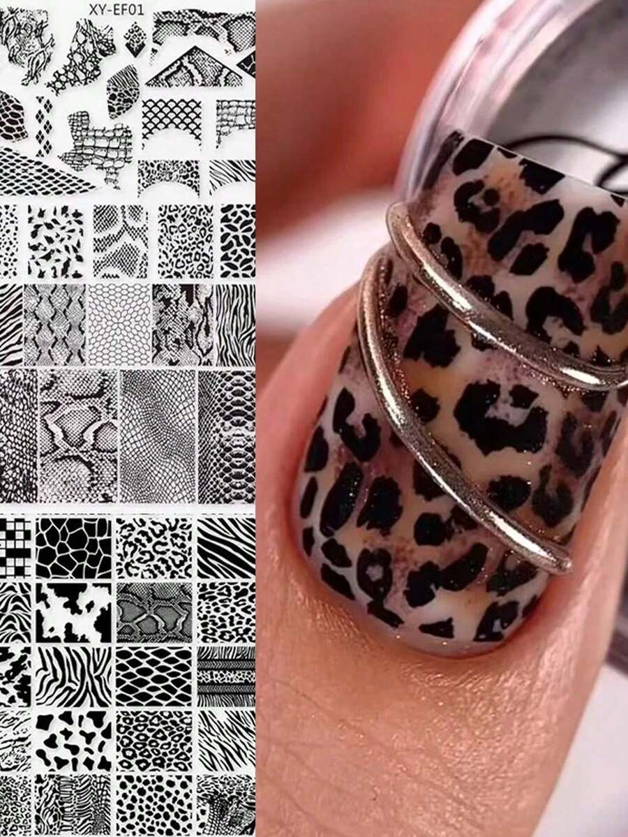 1 stämpelplatta för nagelkonst med djurmönster, orm, leopard, tiger, zebra, reptilgrafik, nagelstämpelverktyg - Multifärgad - Visa 1