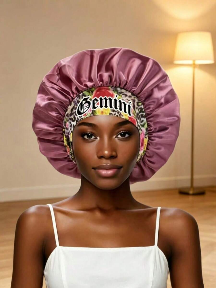 1 pieza Gorro de satén de unicolor con los 12 signos del zodíaco para mujer en color borgoña, adecuado para el hogar y el uso diario, gorro cómodo para el cuidado del cabello durante el sueño, estilo bohemio
