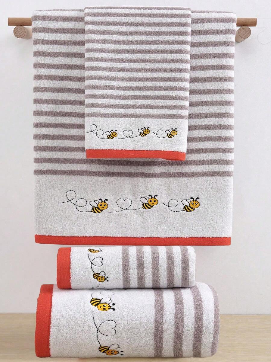QIBHI 1/3件可選 純棉卡通刺繡情侶蜜蜂毛巾套組 1條浴巾或1條面巾 家用條紋吸水面巾/浴巾 情人節禮物 節日裝飾 適用浴室、學校、開學季、居家必需品 毛巾、護膚 - 查看 1