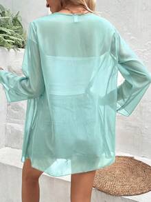 EARO Vacation Casual Solid Color Flare Sleeve Sheer Lightweight Jacket - Mint Blue - View 2