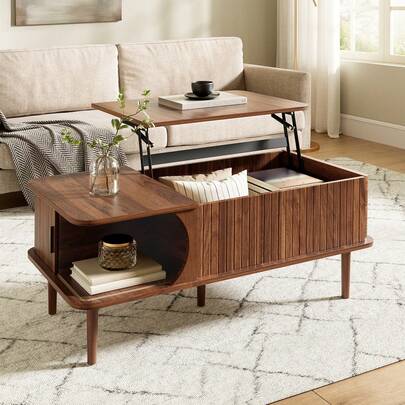Retro-Modern Coffee Table, Height-Adjustable Top, Sliding Door, Walnut Finish, Vertical Grooves, Wooden Legs, Multifunctional Living Room Table