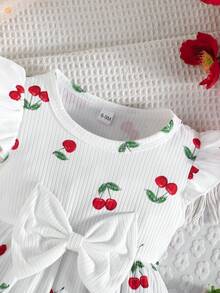 2pcs/Set Baby Girl Round Neck Butterfly Print Flutter Sleeve Top And Solid Ribbed Shorts, Cute Spring/Summer Outfit - Watermelon Pink - View 6