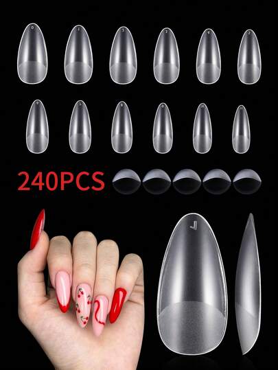 240pcs Pre-Shaped Almond-Shaped Matte Acrylic Nail Stickers, Full Coverage Gel Nail Stickers, Square Transparent Gel Press-On Fake Nails, For Nail Extension And DIY Manicure At Home Nail Supplies