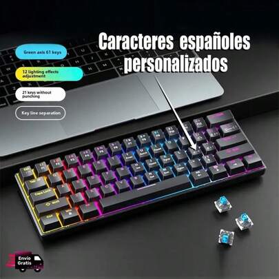 Teclado mecánico compacto 60% con retroiluminación arcoíris, Interruptor azul, interruptores precisos y 61 teclas anti-ghosting. Ofrece 12 efectos de luz; Contiene  Ñ; Disponible en color blanco o negro, Adjuste de brillo y velocidad con teclas