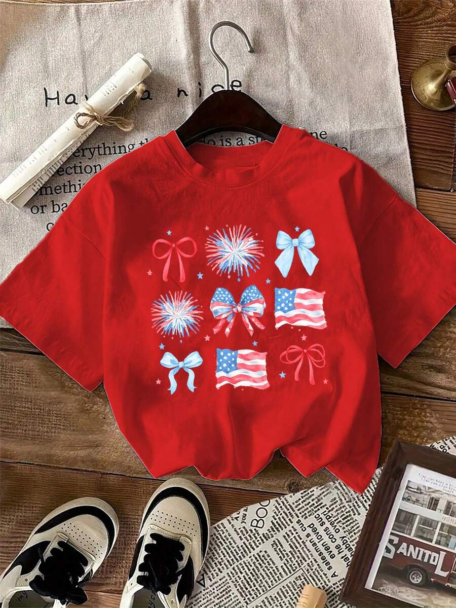 1 Pack Girls Casual Printed Crew Neck Short Sleeve T-Shirt Summer Student Youth Clothing - 紅色3 - 查看 1