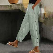 Women's Casual Long Trousers, Striped And Button Print, Patchwork Style, For Autumn - Light Green - View 5