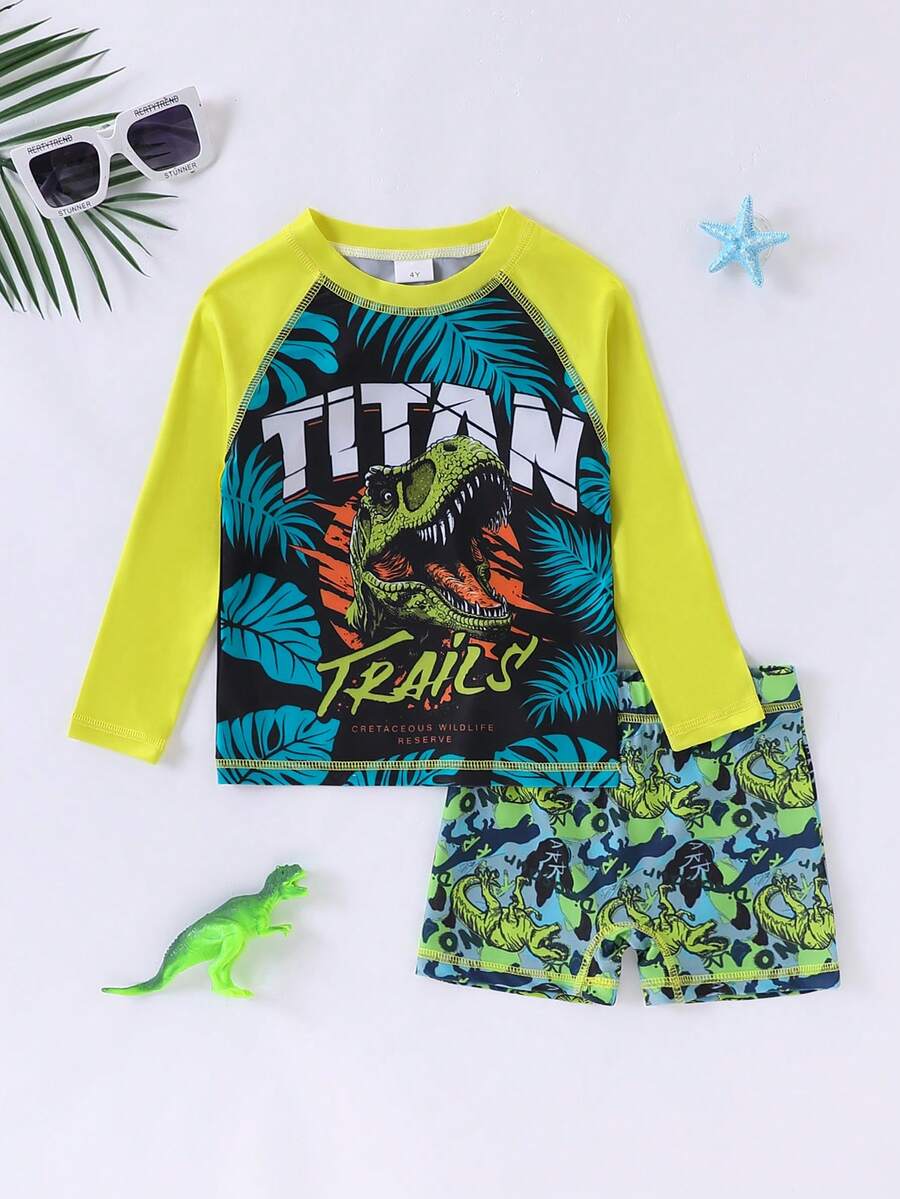 2pcs/Set Boys' Long Sleeve Cartoon Dinosaur Swimsuit, Elastic Waist Swim Trunks, Quick-Dry Stretchy Fabric, Suitable For Swimming Pool, Summer Beach Vacation And Surfing Fun - Yellow - View 1