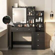Dressing Table With Drawers For Bedroom, Makeup Table With Mirror And LED Lights, For Bedroom, Makeup Vanity With Power Plug - Black - View 7