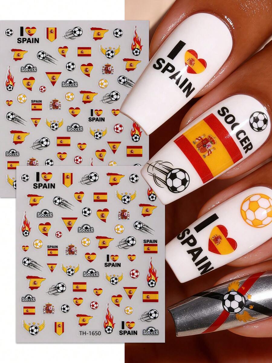 2 Stück Fußball-Weltmeisterschaft Spanien Nagel-Sticker, energiegeladene Fußball Nail Art für Frühling/Sommer, perfekt um Ihr Lieblingstem zu unterstützen, beste Wahl für DIY Maniküre - Verschiedenfarbig - Übersicht 1