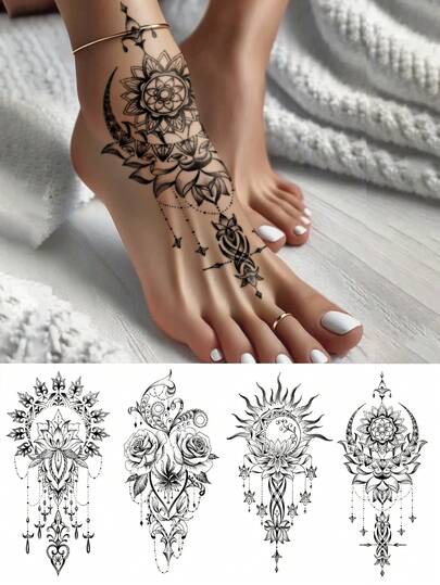 4 Sheets Big Size Body Art Temporary Tattoo Stickers For Women, Black Black Henna Mehndi Sun Moon Mixed Pattern, Waterproof Fake Tattoo, Lasts 2-5 Days, Covering Scars,Can Be Used On Arms Wrist Shoulders Legs Waist Neck Hand Chest Thighs Finger Ankle, Suitable For Parties, Gifts, Vacations, Body Decoration