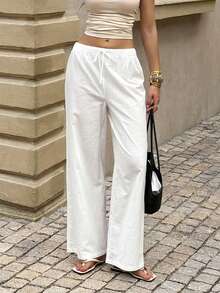 Unadoll 女士夏季休闲白色亚麻阔腿裤，抽绳松紧腰宽松长裤，适合度假和日常穿着 - 白色 - 查看 7