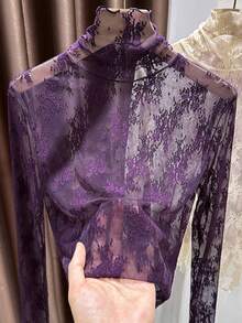 2024 New Lightweight High Neck Lace Camisole, Ruffled Mesh Undershirt For Women, Spring/Autumn Casual Vacation - Purple - View 6