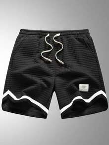 1pc Men's Casual Contrast Stripe Hem 8-Inch Shorts With Drawstring Waist And Two Side Pockets, Comfortable And Breathable For Daily Wear, Running, Fitness Training, Perfect Summer Outfit - Black - View 3