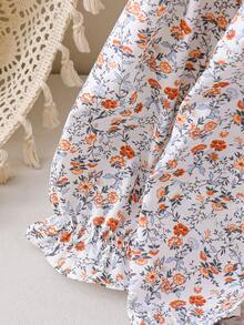 Young Girls Ruffled Collar Long Sleeve Casual Ditsy Floral Shirt, Summer - White - View 4