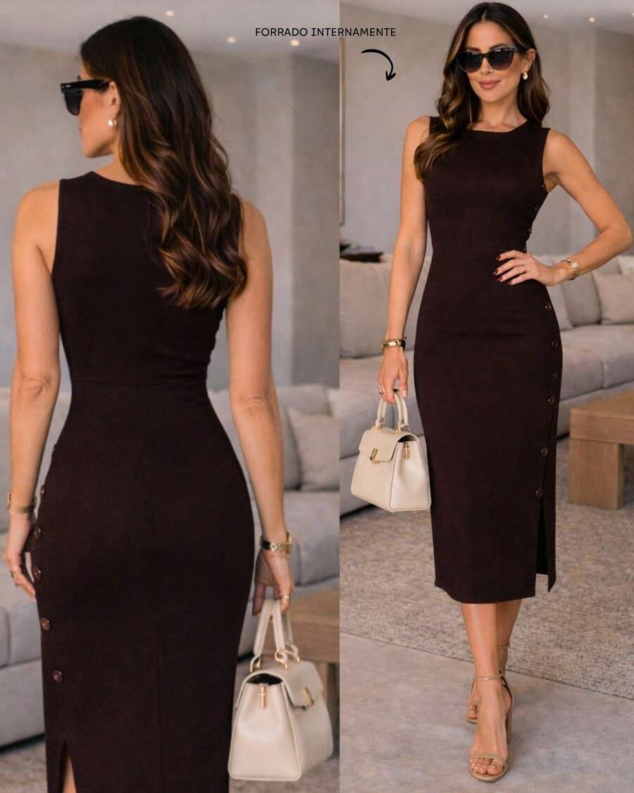 Classic Long Black Dress With A Round Neck, Pockets, And An Elegant Slit Design. - Coffee Brown - View 1
