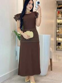 Women's Midi Dress With Short Sleeves And Ruffles. Autumn/Winter. - 鏽棕色 - 查看 1