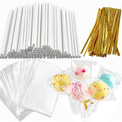 Bộ 100 que kẹo mút và dây buộc đóng gói, bao gồm 100 que kẹo mút giấy dài 3,54 inch, 100 túi đựng kẹo mút, 100 dây buộc xoắn màu vàng, dùng để đóng gói kẹo.