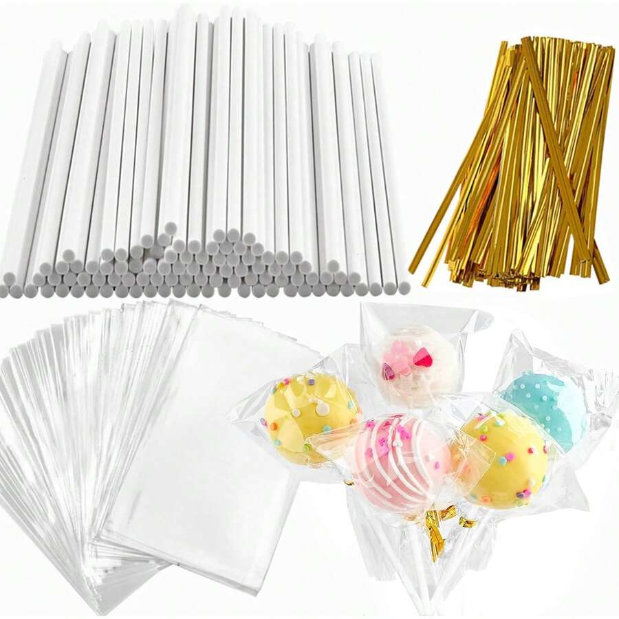Bộ 100 que kẹo mút và dây buộc đóng gói, bao gồm 100 que kẹo mút giấy dài 3,54 inch, 100 túi đựng kẹo mút, 100 dây buộc xoắn màu vàng, dùng để đóng gói kẹo. - Trong sáng - Xem 1