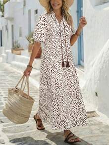 Đầm nữ mùa hè dáng rộng, cổ buộc dây, tay cánh hoa, viền bèo nhún, in họa tiết toàn thân. - màu nâu - Xem 5