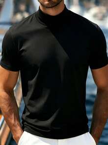 Men's Short Sleeve Mock Neck T-Shirt - Black - View 4
