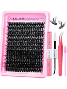 RITALASH 260片装睫毛簇套装 60D睫毛簇套装 12-20mm浓密型睫毛簇 D型卷翘睫毛簇 3D浓密DIY睫毛簇套装 含粘合剂、封口剂、镊子和刷子 - 黑色 - 查看 8