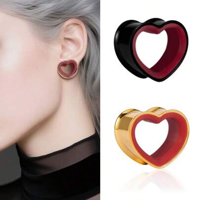 2个Y2K复古风红色爱心PLA内衬耳扩，316L不锈钢低过敏性耳钉，适合街头服饰和情人节礼物