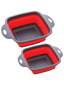 Colador plegable cuadrado con mango - Colador de cocina cuadrado de silicona con mango de plástico, colador de malla plegable, ideal para escurrir pasta, verduras y frutas, disponible en azul/verde/rojo - Ver 2