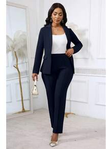 CALEBGAR Women's 2 Piece Blazer Outfit, Casual One Button Blazer Jacket & Long Sleeve Sexy Bodycon Pantsuit - 藏蓝色 - 查看 4